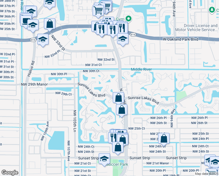 map of restaurants, bars, coffee shops, grocery stores, and more near 10123 Sunrise Lakes Boulevard in Sunrise