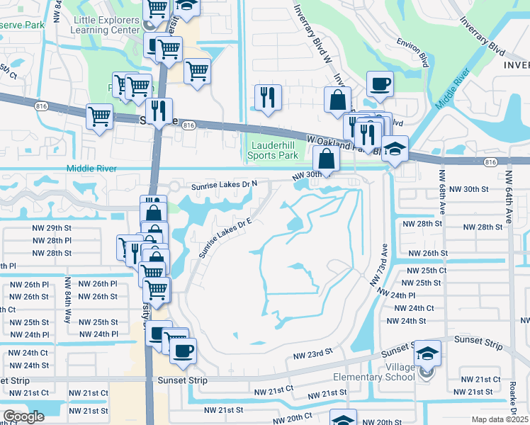 map of restaurants, bars, coffee shops, grocery stores, and more near 25 Northwest 80th Avenue in Sunrise
