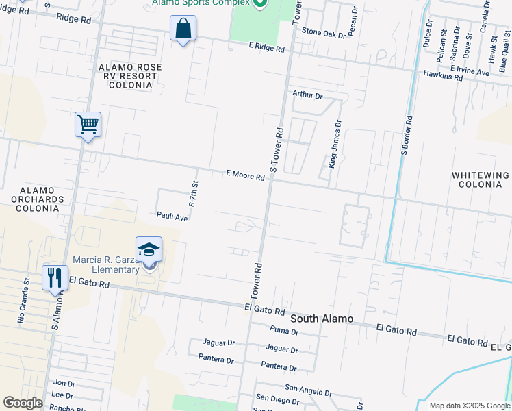 map of restaurants, bars, coffee shops, grocery stores, and more near 1119 South Tower Road in Alamo