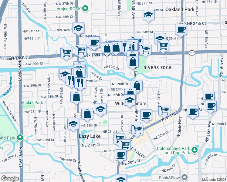 map of restaurants, bars, coffee shops, grocery stores, and more near 324 Northeast 28th Street in Wilton Manors
