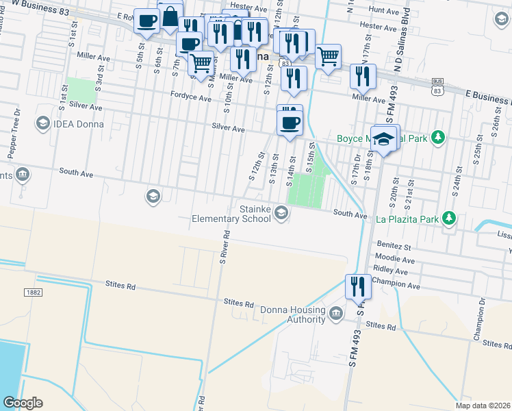 map of restaurants, bars, coffee shops, grocery stores, and more near 1201 South Avenue in Donna