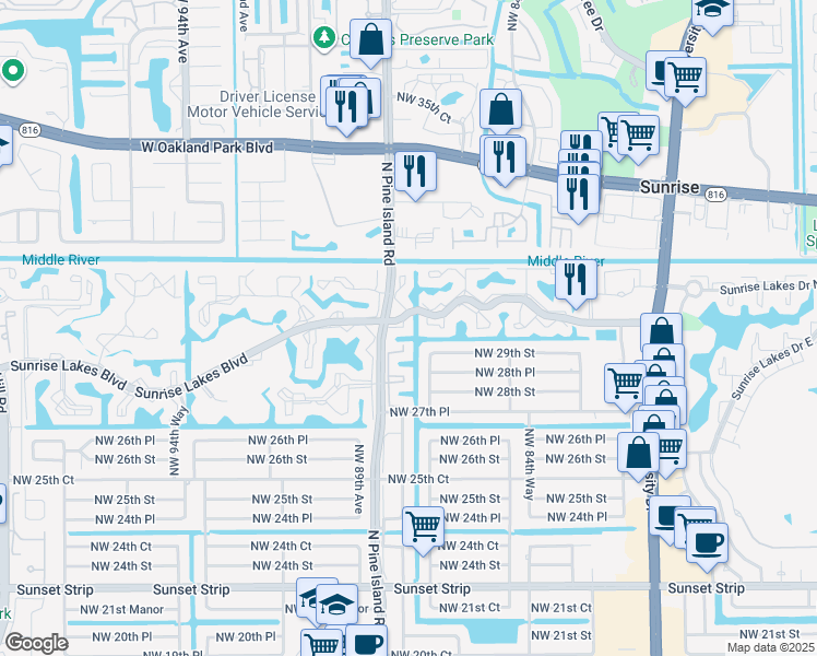 map of restaurants, bars, coffee shops, grocery stores, and more near 2900 North Pine Island Road in Sunrise