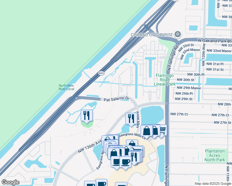 map of restaurants, bars, coffee shops, grocery stores, and more near 3001 Northwest 130th Terrace in Sunrise