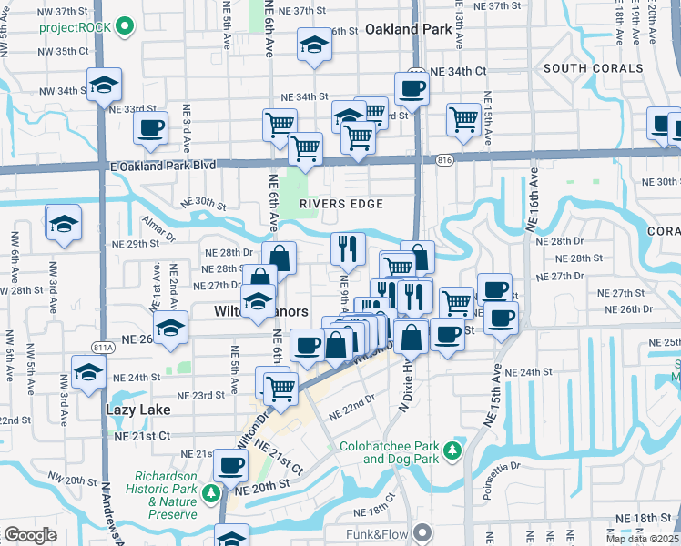 map of restaurants, bars, coffee shops, grocery stores, and more near 2700 Northeast 9th Avenue in Wilton Manors