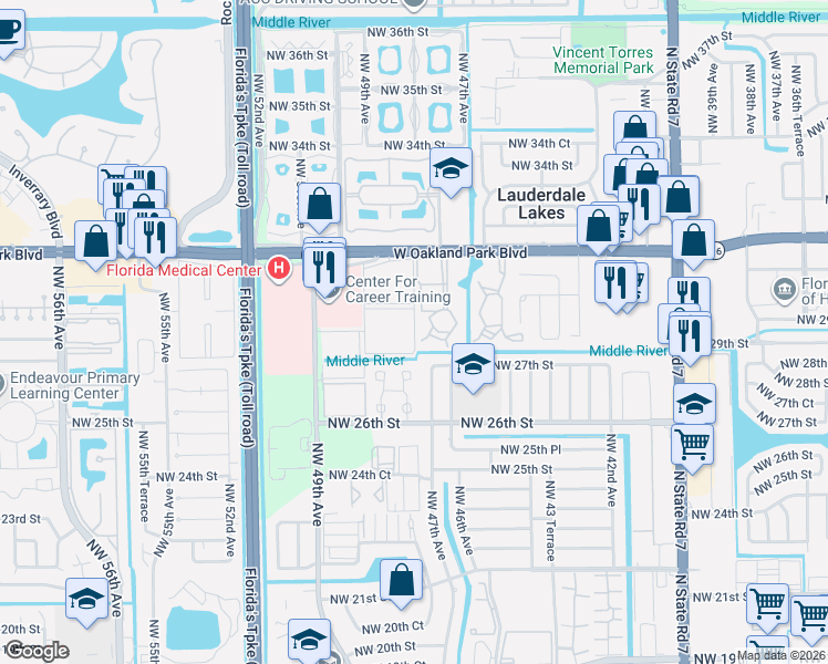 map of restaurants, bars, coffee shops, grocery stores, and more near 627 Northwest 48th Avenue in Lauderdale Lakes