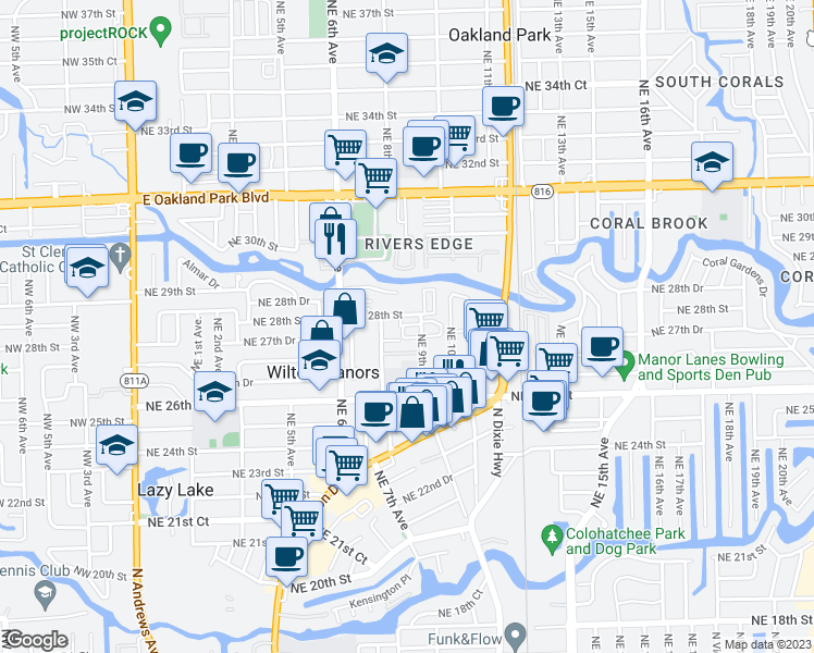 map of restaurants, bars, coffee shops, grocery stores, and more near 2730 Old Florida Trail in Wilton Manors
