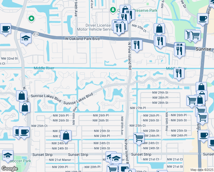 map of restaurants, bars, coffee shops, grocery stores, and more near 9020 Sunrise Lakes Boulevard in Sunrise