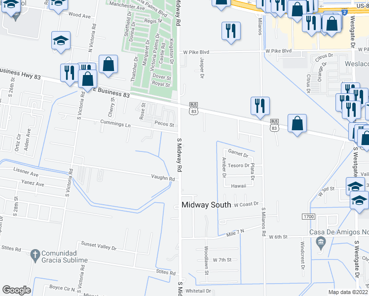 map of restaurants, bars, coffee shops, grocery stores, and more near 120 Midway Road in Weslaco
