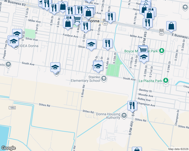 map of restaurants, bars, coffee shops, grocery stores, and more near 1201 South Avenue in Donna