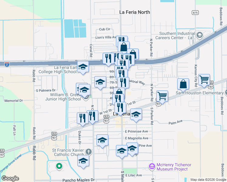 map of restaurants, bars, coffee shops, grocery stores, and more near 131 W 5th St in La Feria