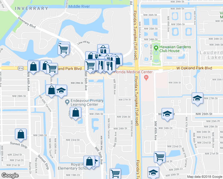 map of restaurants, bars, coffee shops, grocery stores, and more near 2799 Northwest 55th Avenue in Lauderhill