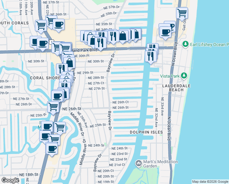 map of restaurants, bars, coffee shops, grocery stores, and more near 2808 Northeast 26th Place in Fort Lauderdale