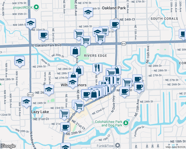 map of restaurants, bars, coffee shops, grocery stores, and more near 2712 Northeast 8th Avenue in Wilton Manors