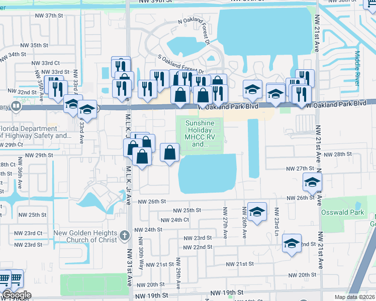 map of restaurants, bars, coffee shops, grocery stores, and more near 2836 Northwest 29th Street in Oakland Park