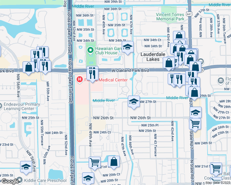 map of restaurants, bars, coffee shops, grocery stores, and more near 627 Northwest 48th Avenue in Lauderdale Lakes