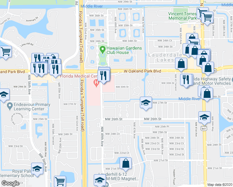 map of restaurants, bars, coffee shops, grocery stores, and more near 811 Northwest 48th Terrace in Lauderdale Lakes