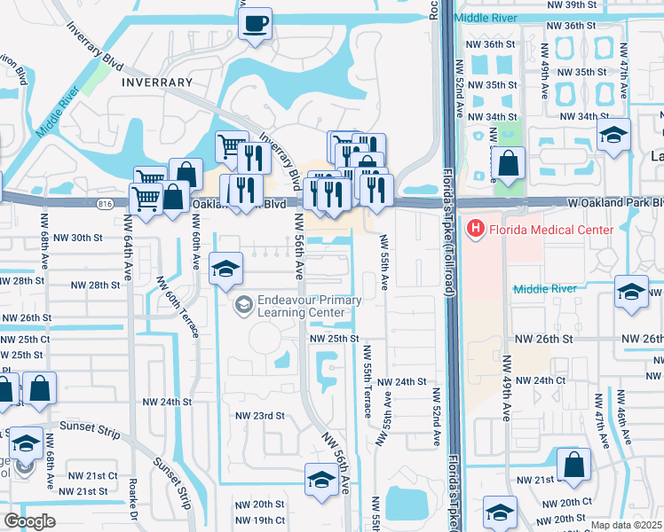map of restaurants, bars, coffee shops, grocery stores, and more near 2750 Northwest 56th Avenue in Lauderhill