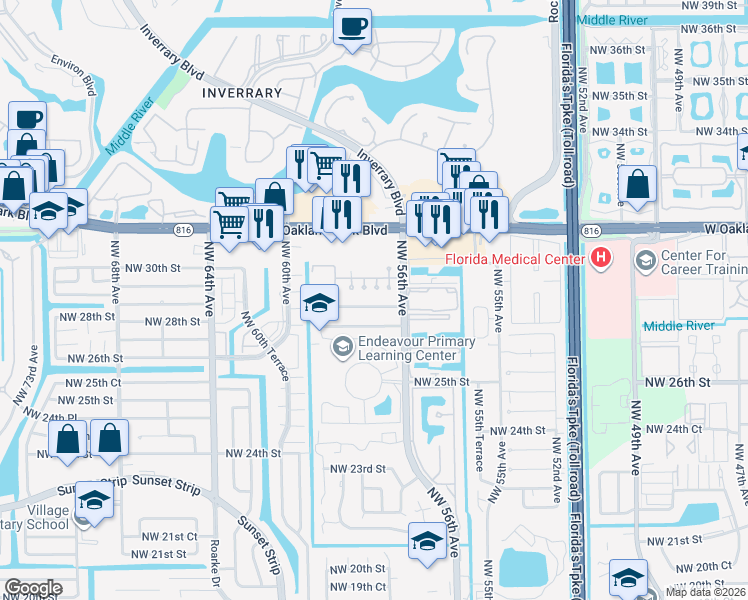 map of restaurants, bars, coffee shops, grocery stores, and more near 5730 Northwest 28th Street in Lauderhill
