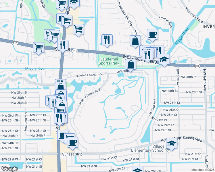 map of restaurants, bars, coffee shops, grocery stores, and more near 25 Northwest 80th Avenue in Sunrise
