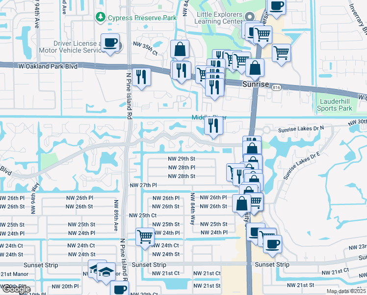 map of restaurants, bars, coffee shops, grocery stores, and more near 8551 Northwest 29th Street in Sunrise