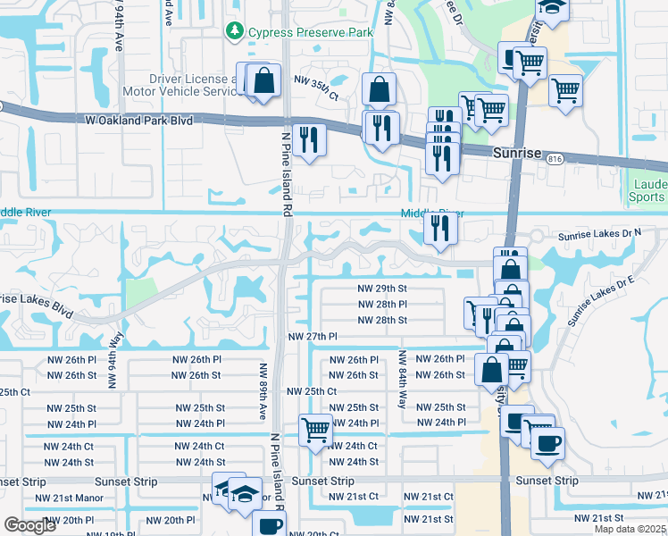 map of restaurants, bars, coffee shops, grocery stores, and more near 8651 Northwest 29th Street in Sunrise