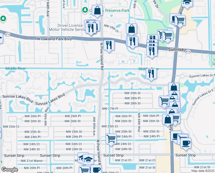 map of restaurants, bars, coffee shops, grocery stores, and more near 2900 North Pine Island Road in Sunrise
