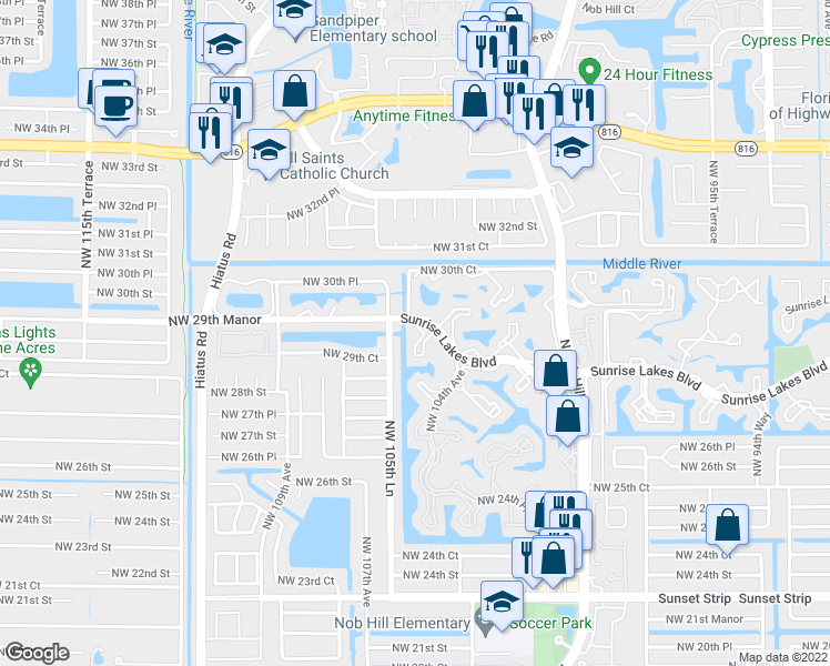 map of restaurants, bars, coffee shops, grocery stores, and more near 10434 Sunrise Lakes Boulevard in Sunrise