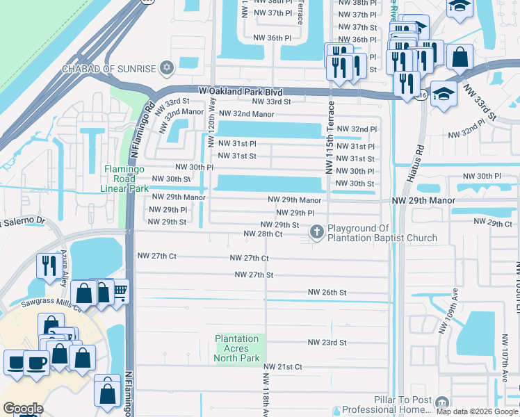 map of restaurants, bars, coffee shops, grocery stores, and more near 11831 Northwest 29th Place in Sunrise