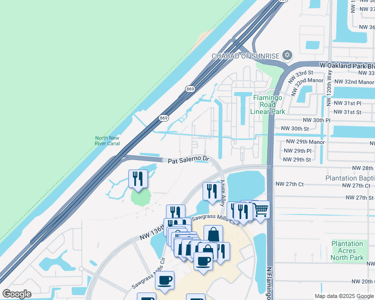 map of restaurants, bars, coffee shops, grocery stores, and more near 3000 Northwest 130th Terrace in Sunrise
