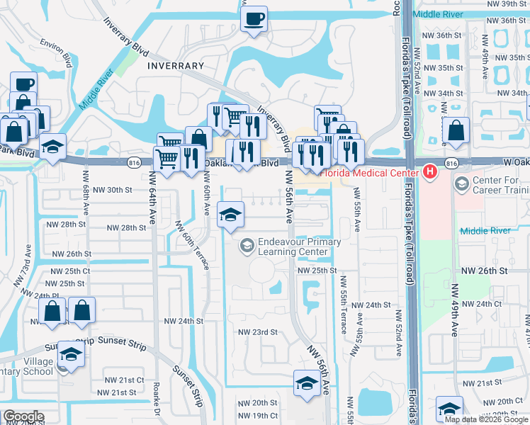 map of restaurants, bars, coffee shops, grocery stores, and more near 5730 Northwest 28th Street in Lauderhill
