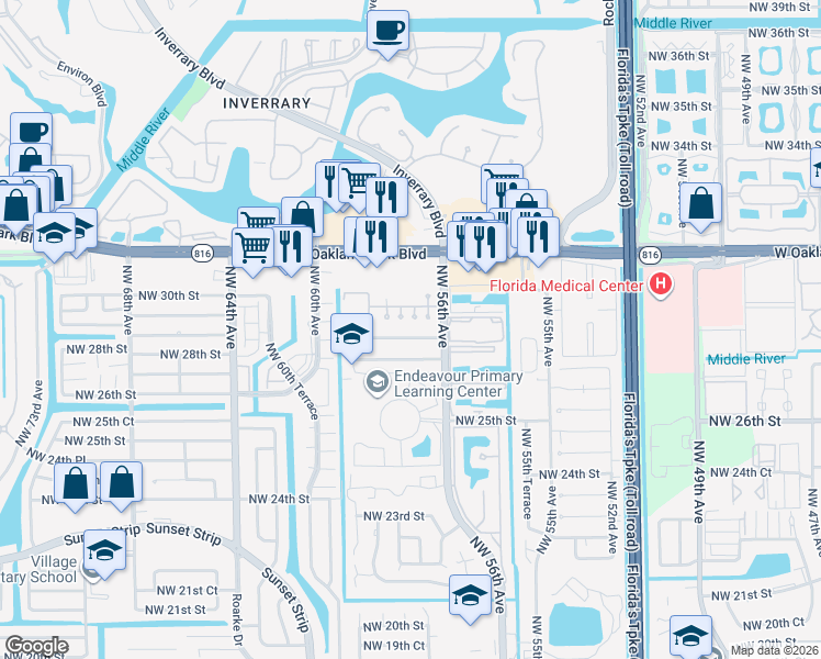 map of restaurants, bars, coffee shops, grocery stores, and more near 5730 Northwest 28th Street in Lauderhill