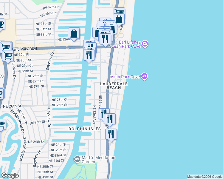 map of restaurants, bars, coffee shops, grocery stores, and more near 2709 Center Avenue in Fort Lauderdale