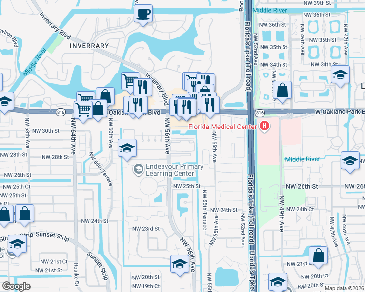 map of restaurants, bars, coffee shops, grocery stores, and more near 2800 Northwest 56th Avenue in Lauderhill