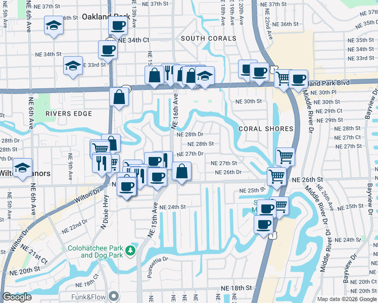 map of restaurants, bars, coffee shops, grocery stores, and more near 1620 Northeast 27th Drive in Wilton Manors