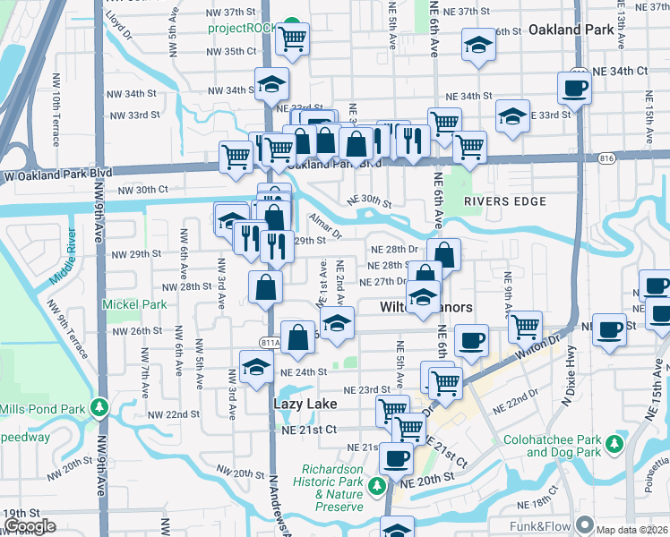 map of restaurants, bars, coffee shops, grocery stores, and more near 2725 Northeast 2nd Avenue in Wilton Manors