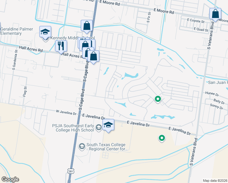 map of restaurants, bars, coffee shops, grocery stores, and more near 2729 Ashley Court in Pharr