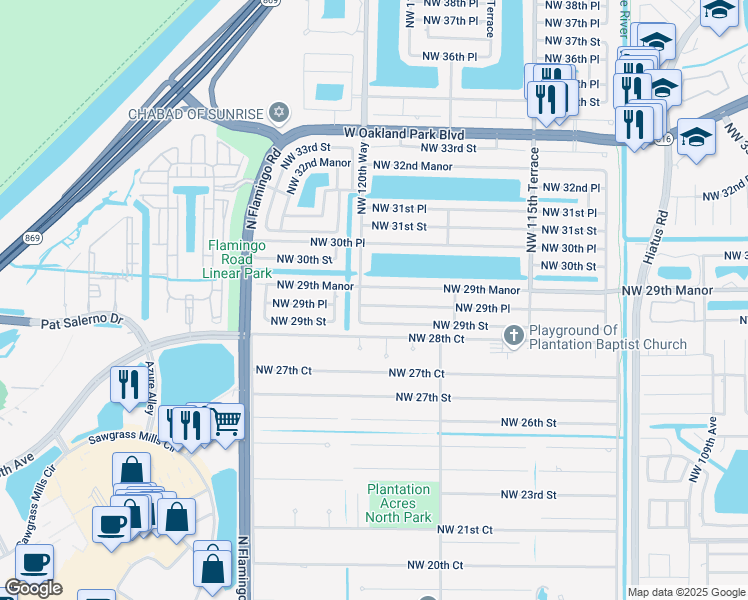 map of restaurants, bars, coffee shops, grocery stores, and more near 12011 Northwest 29th Street in Sunrise