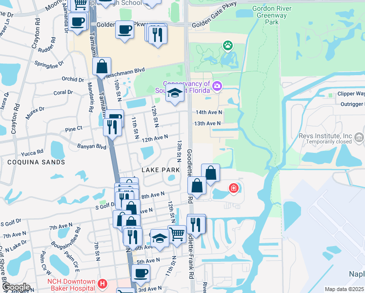 map of restaurants, bars, coffee shops, grocery stores, and more near 1100 13th Street North in Naples