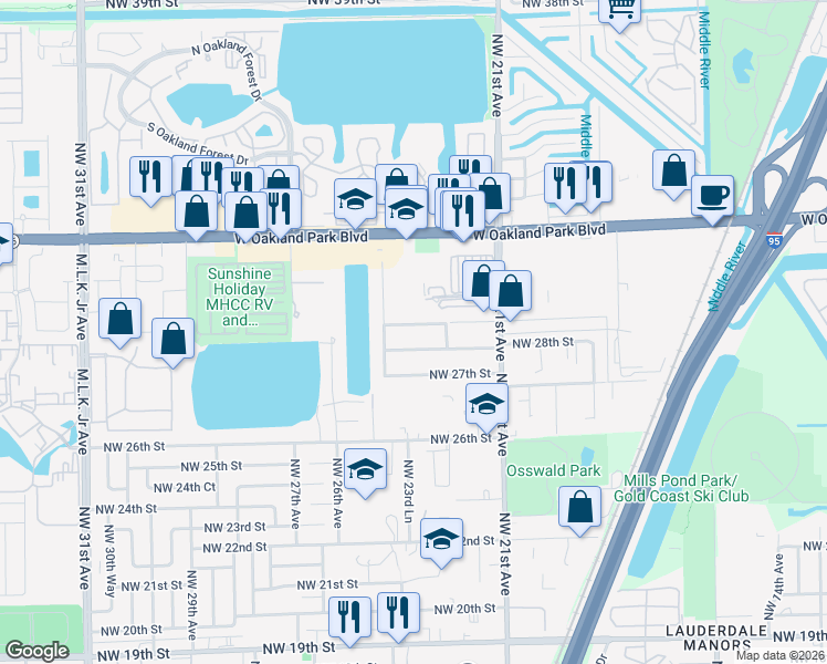 map of restaurants, bars, coffee shops, grocery stores, and more near 2220 Northwest 28th Street in Oakland Park
