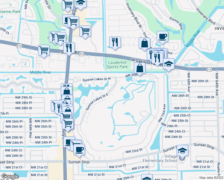 map of restaurants, bars, coffee shops, grocery stores, and more near 25 Northwest 80th Avenue in Sunrise