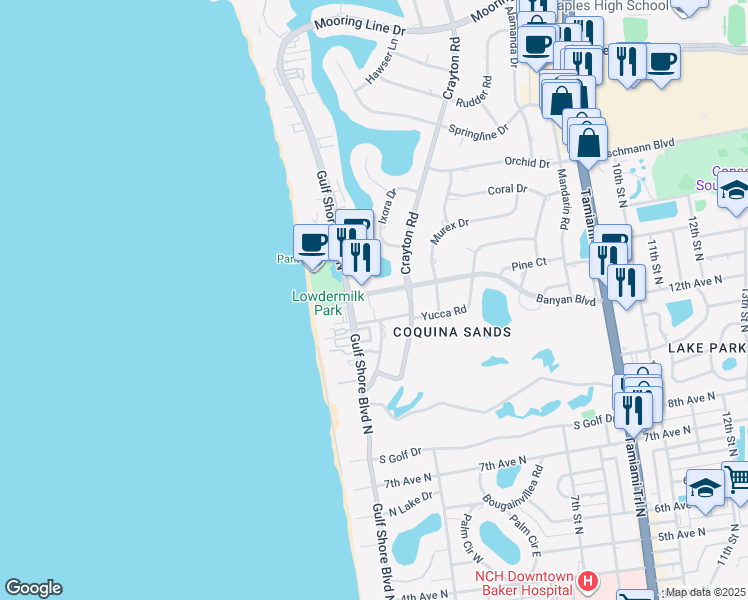 map of restaurants, bars, coffee shops, grocery stores, and more near 1300 Gulf Shore Boulevard North in Naples