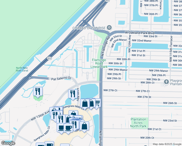map of restaurants, bars, coffee shops, grocery stores, and more near 2901 Northwest 125th Avenue in Sunrise