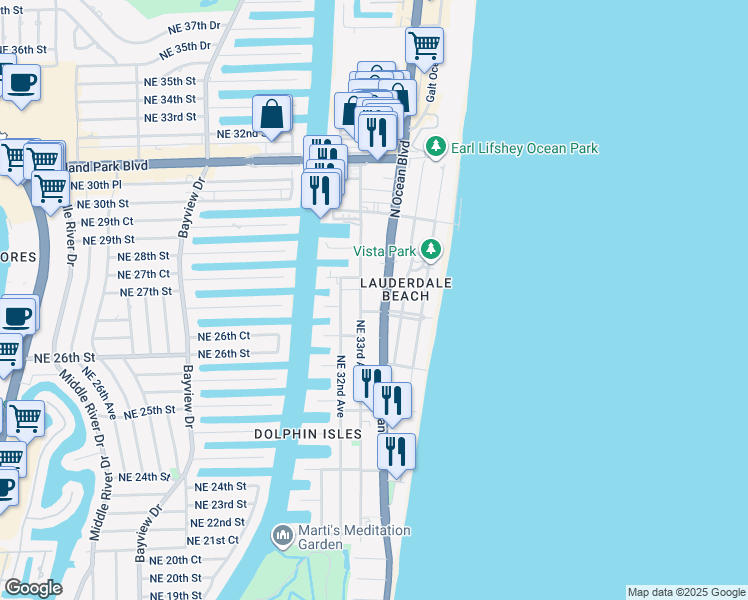 map of restaurants, bars, coffee shops, grocery stores, and more near 2625 North Ocean Boulevard in Fort Lauderdale