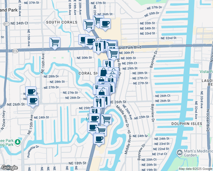 map of restaurants, bars, coffee shops, grocery stores, and more near 2731 North Federal Highway in Fort Lauderdale