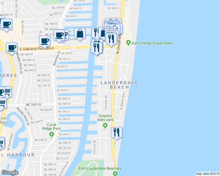map of restaurants, bars, coffee shops, grocery stores, and more near 2625 North Ocean Boulevard in Fort Lauderdale