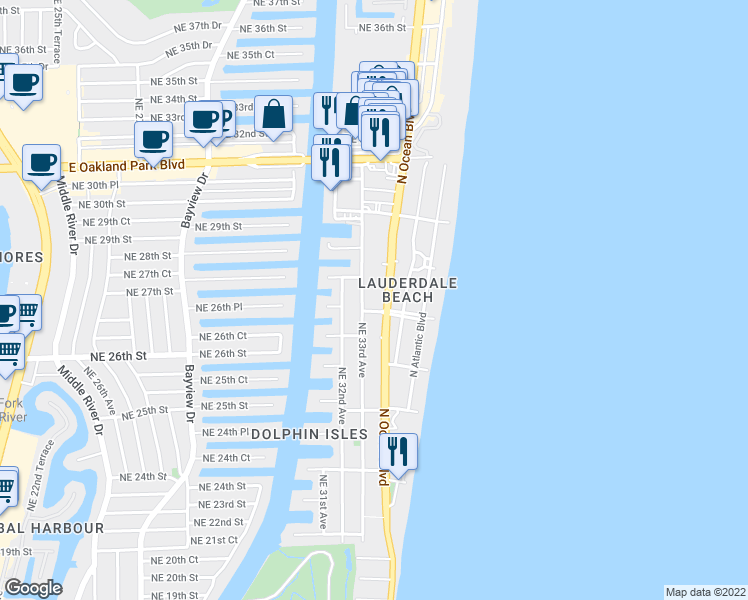 map of restaurants, bars, coffee shops, grocery stores, and more near 2625 North Ocean Boulevard in Fort Lauderdale