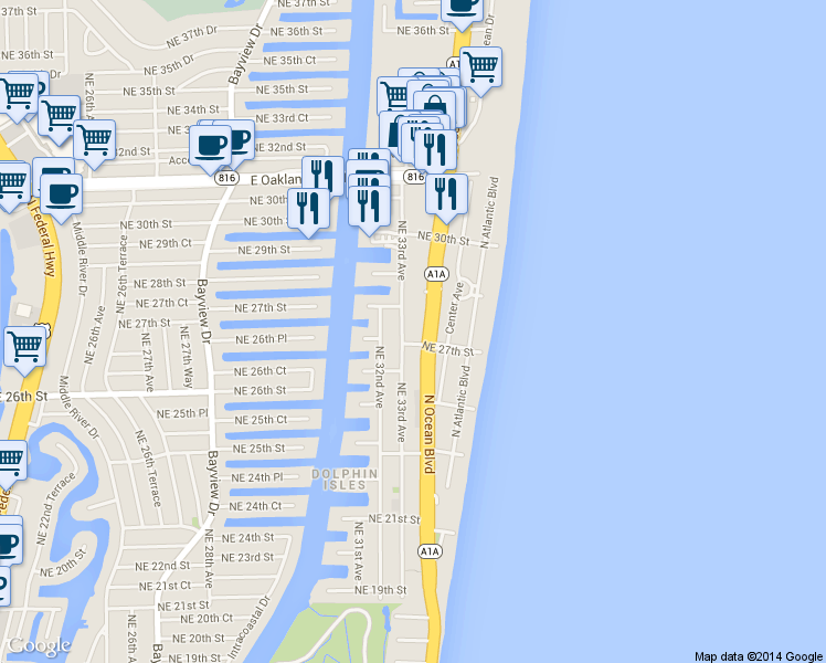 map of restaurants, bars, coffee shops, grocery stores, and more near 2625 North Ocean Boulevard in Fort Lauderdale