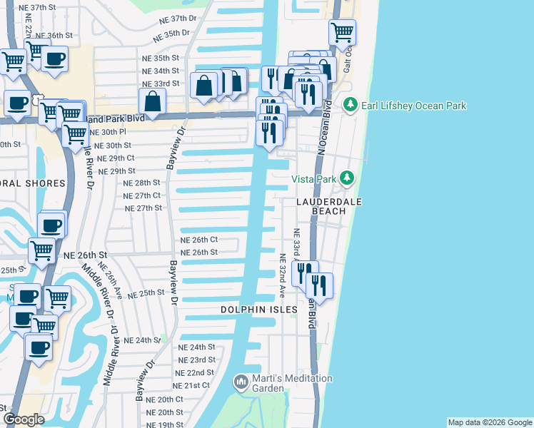map of restaurants, bars, coffee shops, grocery stores, and more near 3100 Northeast 27th Street in Fort Lauderdale