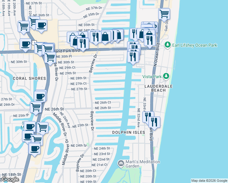 map of restaurants, bars, coffee shops, grocery stores, and more near 2890 Northeast 26th Place in Fort Lauderdale