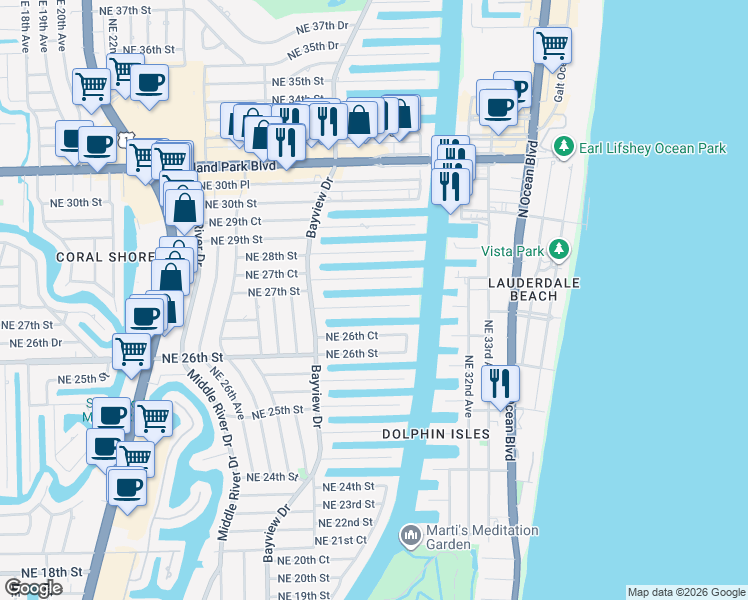 map of restaurants, bars, coffee shops, grocery stores, and more near 2848 Northeast 26th Place in Fort Lauderdale
